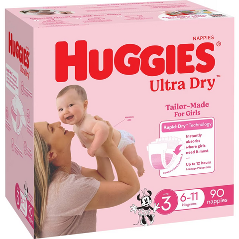 Huggies Ultra Dry Nappies Girls Size 3 (6-11kg) 90 Pack