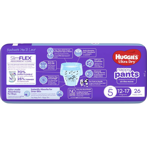 Huggies Ultra Dry Nappy Pants Boys Size 5 (12-17kg) 26 Pack