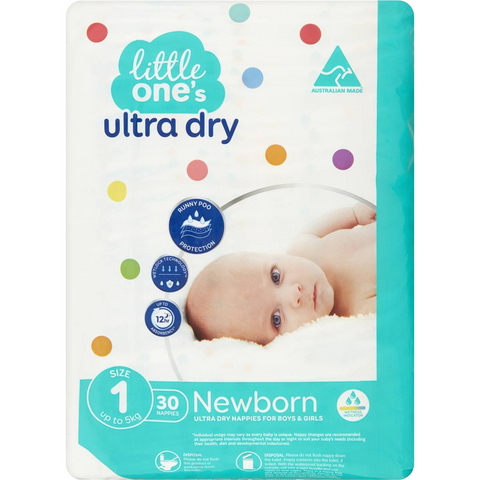 Little One's Size 1 Ultra Dry Nappies Newborn Up To 5kg Boys & Girls 30 Pack