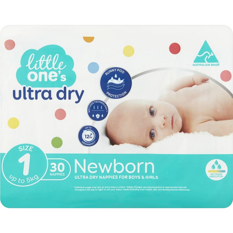 Little One's Size 1 Ultra Dry Nappies Newborn Up To 5kg Boys & Girls 30 Pack