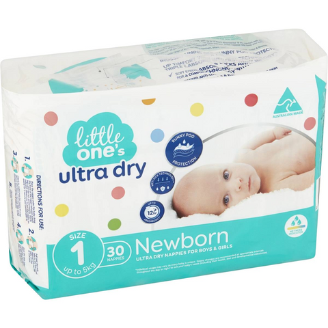 Little One's Size 1 Ultra Dry Nappies Newborn Up To 5kg Boys & Girls 30 Pack