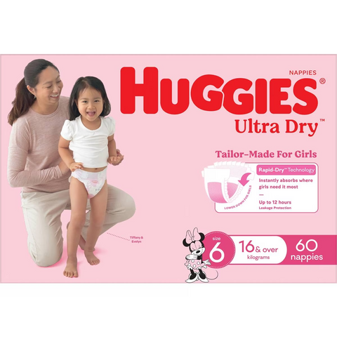 Huggies Ultra Dry Nappies Girls Size 6 (16kg+) 60 Pack