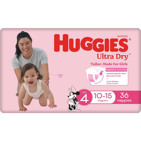 Huggies Ultra Dry Nappies Girls Size 4 (10-15kg) 36 Pack