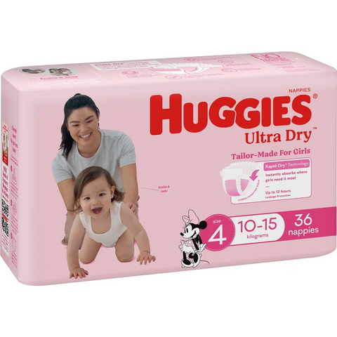 Huggies Ultra Dry Nappies Girls Size 4 (10-15kg) 36 Pack