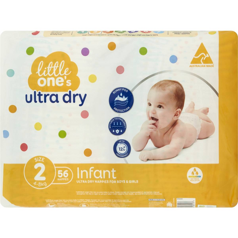 Little One's Size 2 Ultra Dry Nappies Infant 4-8kg Boys & Girls 56 Pack