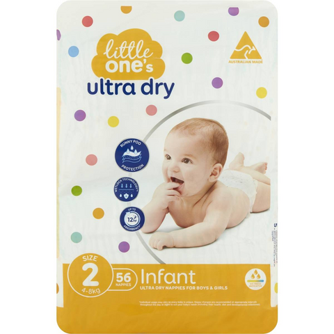 Little One's Size 2 Ultra Dry Nappies Infant 4-8kg Boys & Girls 56 Pack