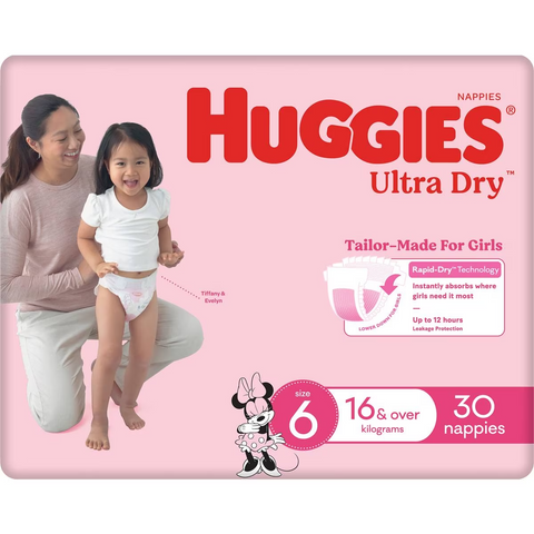 Huggies Ultra Dry Nappies Girls Size 6 (16kg+) 30 Pack