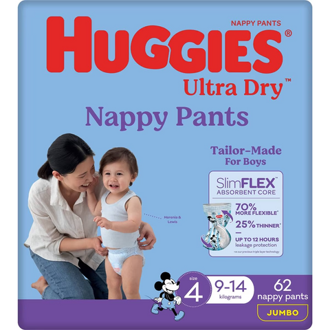 Huggies Ultra Dry Nappy Pants Boys Size 4 (9-14kg) 62 Pack