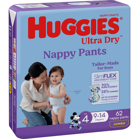 Huggies Ultra Dry Nappy Pants Boys Size 4 (9-14kg) 62 Pack