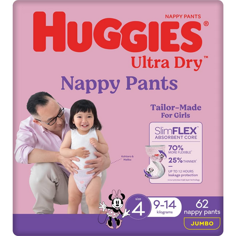 Huggies Ultra Dry Nappy Pants Girls Size 4 (9-14kg) 62 Pack