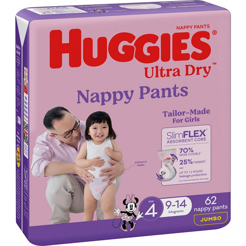 Huggies Ultra Dry Nappy Pants Girls Size 4 (9-14kg) 62 Pack