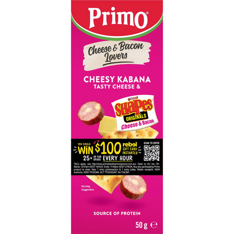 Primo Kabana Tasty Cheese & Arnott Cheese & Bacon Lovers Shapes 50g