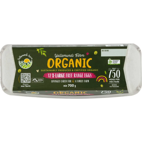 Yallamundi Farm Organic 12 Extra Large Free Range Eggs 700g