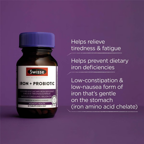 Swisse Ultiboost Iron + Probiotic Capsules Helps Relieve Fatigue 30 Pack