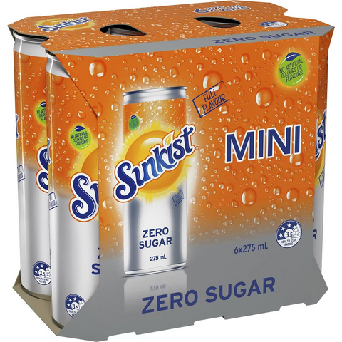 Sunkist Zero Sugar Orange Soft Drink Mini Cans Multipack Sugar Free 275ml