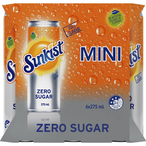 Sunkist Zero Sugar Orange Soft Drink Mini Cans Multipack Sugar Free 275ml