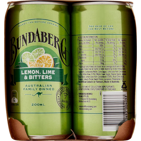 Bundaberg Mini Cans Lemon Lime Bitters 6 X 200ml