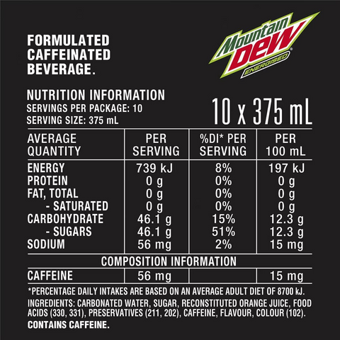 Mountain Dew Energised Soft Drink Multipack Cans 375ml X 10 Pack