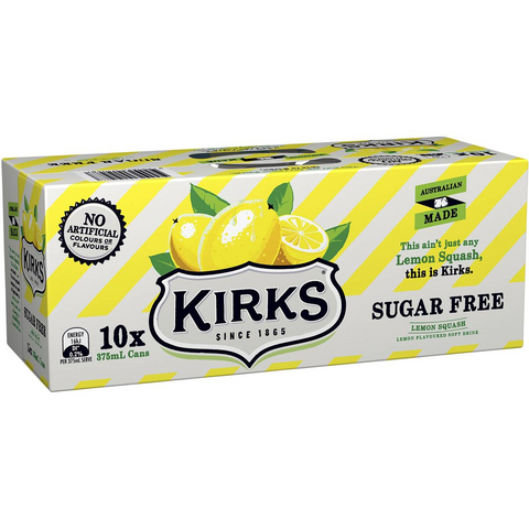 Kirks Sugar Free Lemon Squash Soft Drink Multipack Cans 375ml X10