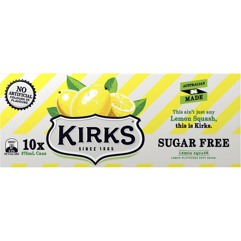 Kirks Sugar Free Lemon Squash Soft Drink Multipack Cans 375ml X10