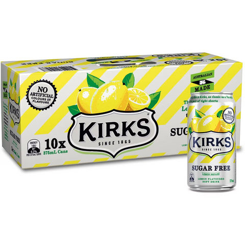 Kirks Sugar Free Lemon Squash Soft Drink Multipack Cans 375ml X10