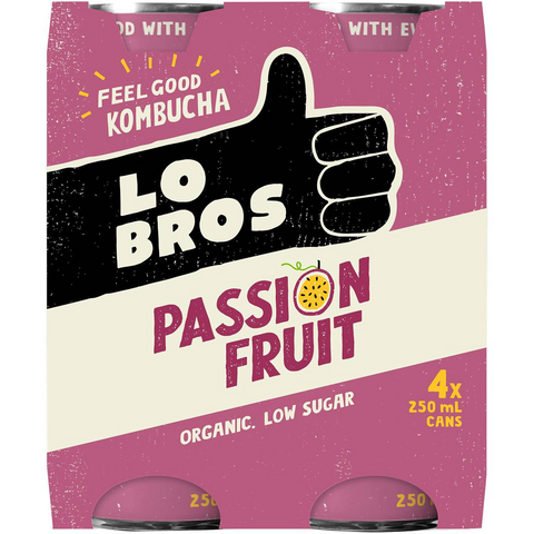 Lo Bros Kombucha Passionfruit Cans 250ml X4 Pack