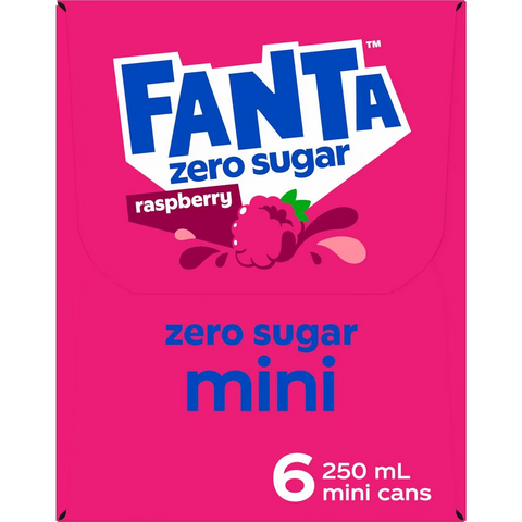 Fanta Raspberry Zero Sugar Soft Drink Mini Cans 250ml X 6 Pack