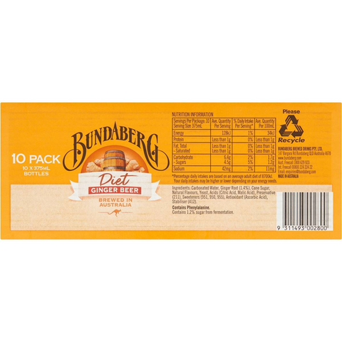 Bundaberg Diet Ginger Beer 375ml X10 Pack