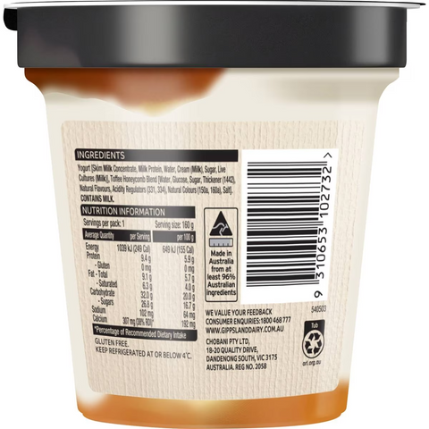 Gippsland Dairy Toffee Honeycomb Twist Yoghurt 160g