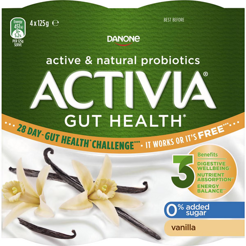 Activia Danone Probiotic Yoghurt No Added Sugar Vanilla 125g X 4 Pack