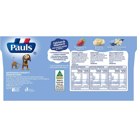 Pauls Strawberry Vanilla & Banana Kids Yoghurt Bluey 95gx 12 Pack