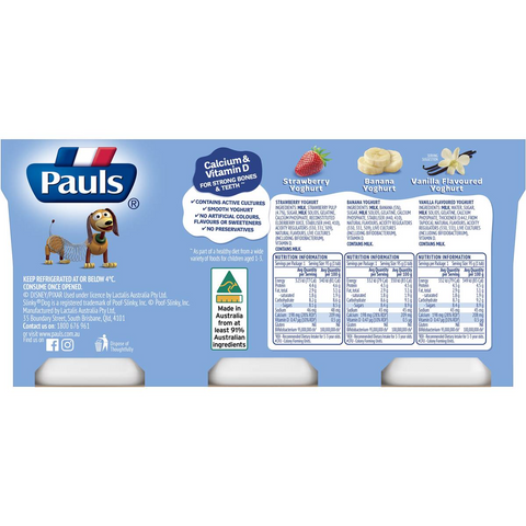 Pauls Strawberry Vanilla & Banana Kids Yoghurt Bluey 95gx 12 Pack