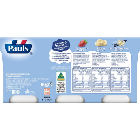 Pauls Strawberry Vanilla & Banana Kids Yoghurt Bluey 95gx 12 Pack