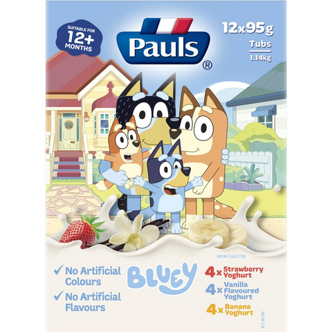 Pauls Strawberry Vanilla & Banana Kids Yoghurt Bluey 95gx 12 Pack