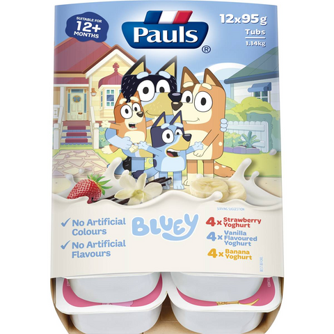 Pauls Strawberry Vanilla & Banana Kids Yoghurt Bluey 95gx 12 Pack