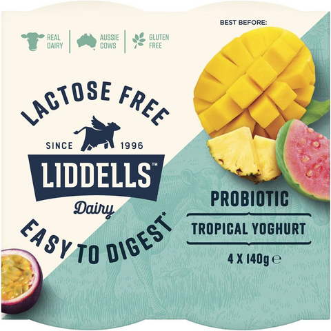 Liddells Lactose Free Probiotic Yoghurt Tropical 140g X 4 Pack