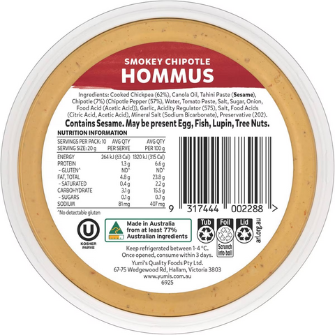 Yumi's Chipotle Hommus Dip 200g