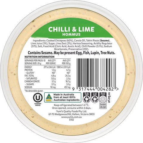 Yumi's Chilli & Lime Hommus 200g