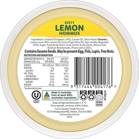 Yumi's Hommus Zesty Lemon 200g