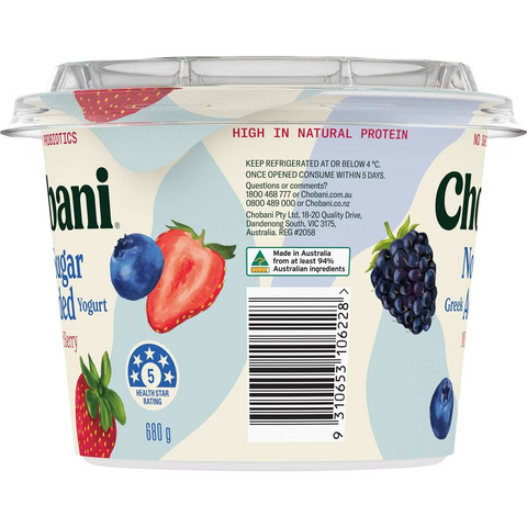 Chobani No Sugar Added Mixed Berry Greek Yogurt 680g