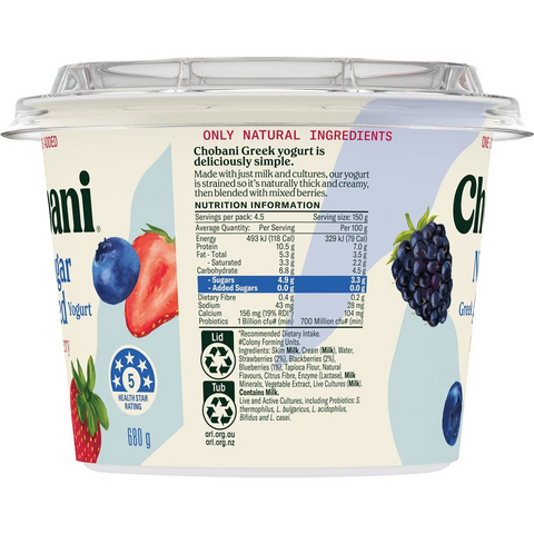 Chobani No Sugar Added Mixed Berry Greek Yogurt 680g