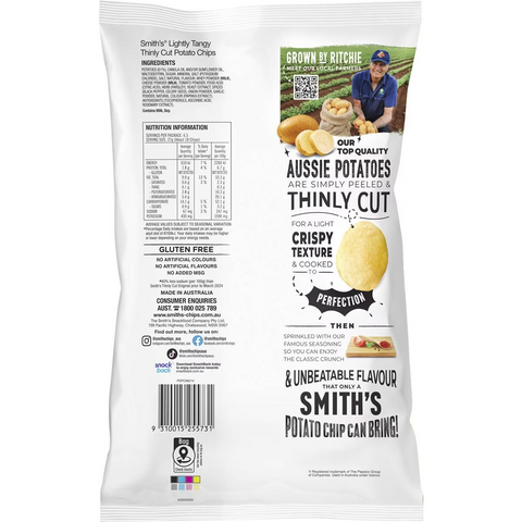 Smith's Thinly Cut Chips 40% Less Sodium Lightly Tangy 175g