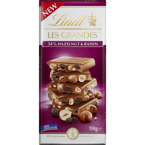 Lindt Les Grandes Hazelnut & Raisin Milk Chocolate Block 150g