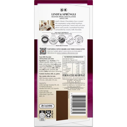 Lindt Les Grandes Hazelnut & Raisin Milk Chocolate Block 150g