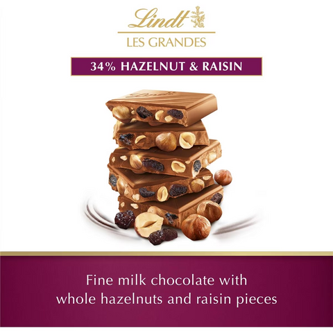 Lindt Les Grandes Hazelnut & Raisin Milk Chocolate Block 150g