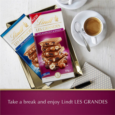 Lindt Les Grandes Hazelnut & Raisin Milk Chocolate Block 150g