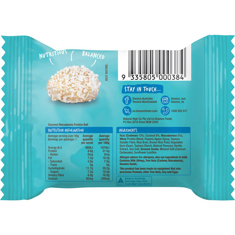 Bounce Natural Energy Ball Coconut Macadamia Protein 40g