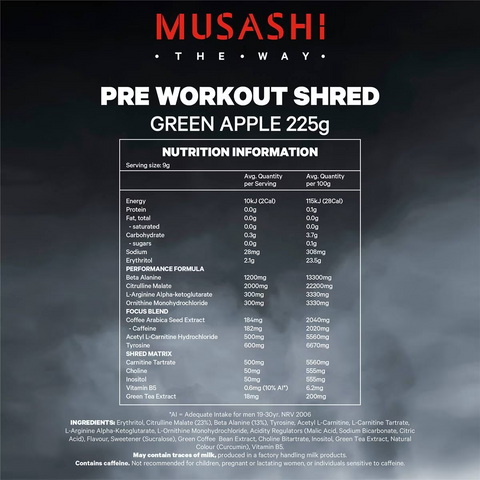 Musashi Pre Workout Shred Green Apple 182mg