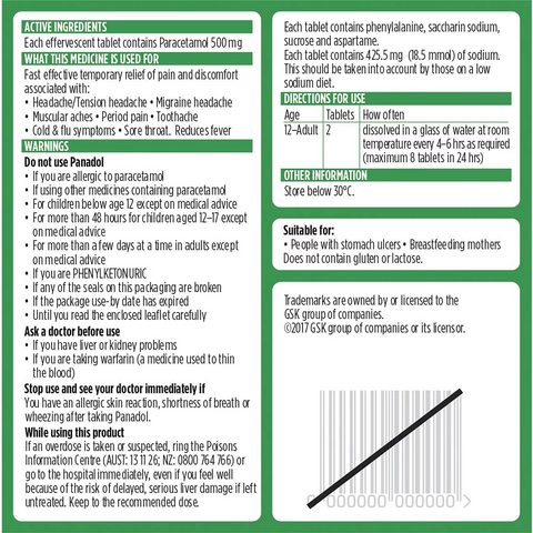 Panadol Rapid Soluble With Paracetamol 500mg 20 Pack