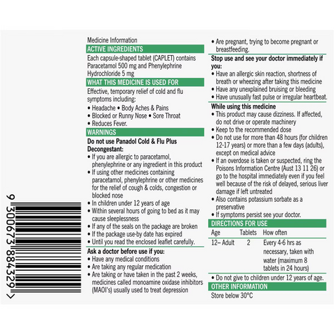 Panadol Cold & Flu Plus Decongestant Plus Paracetamol 500mg 20